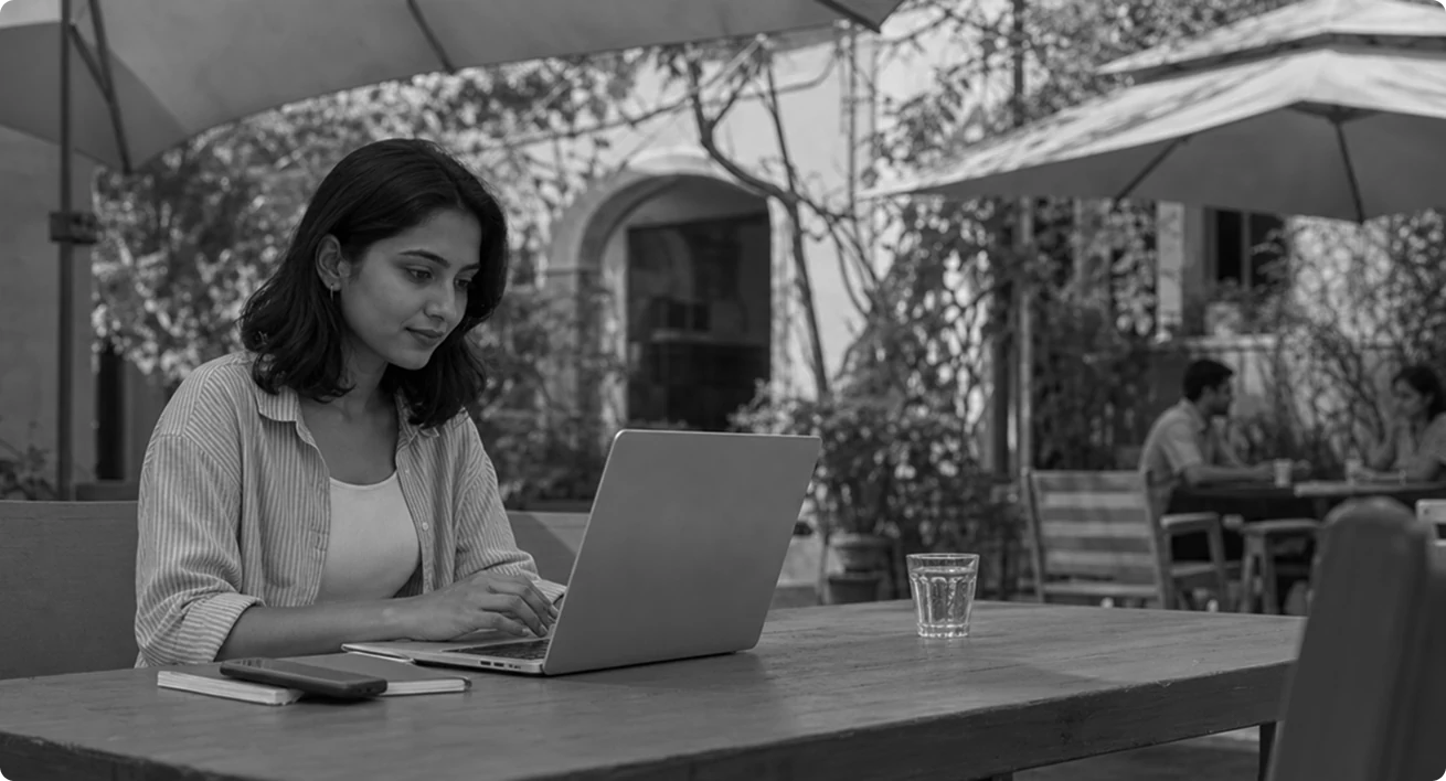 Student working on a laptop at an outdoor campus café